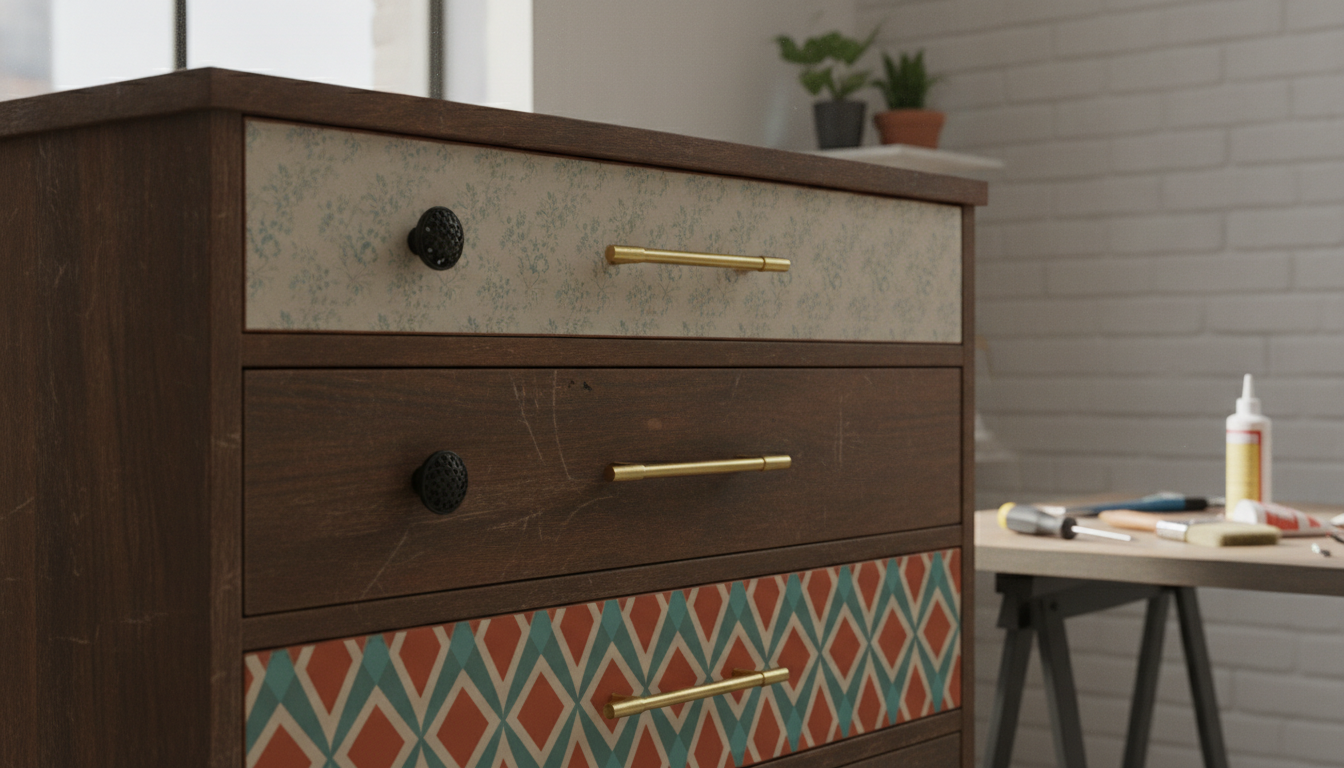 apprenez à customiser une commode vintage en ajoutant des poignées originales et du papier décoratif pour lui donner un style unique et personnalisé.